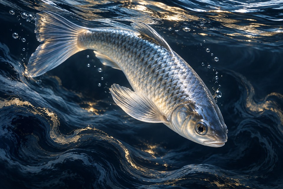 Silver-blue fish and flowing water in a brand concept illustration