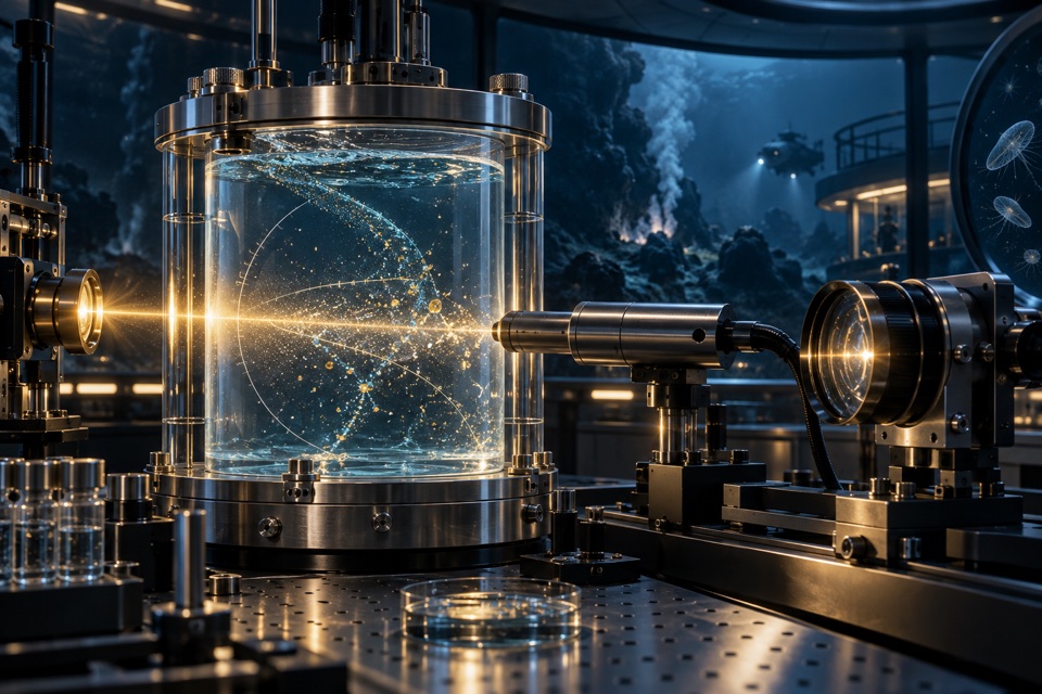 Science-fiction concept of optical observation and water-sample research