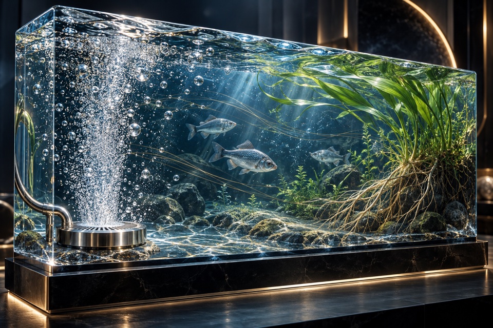 Artistic concept of bubbles and aquatic organisms in a water environment