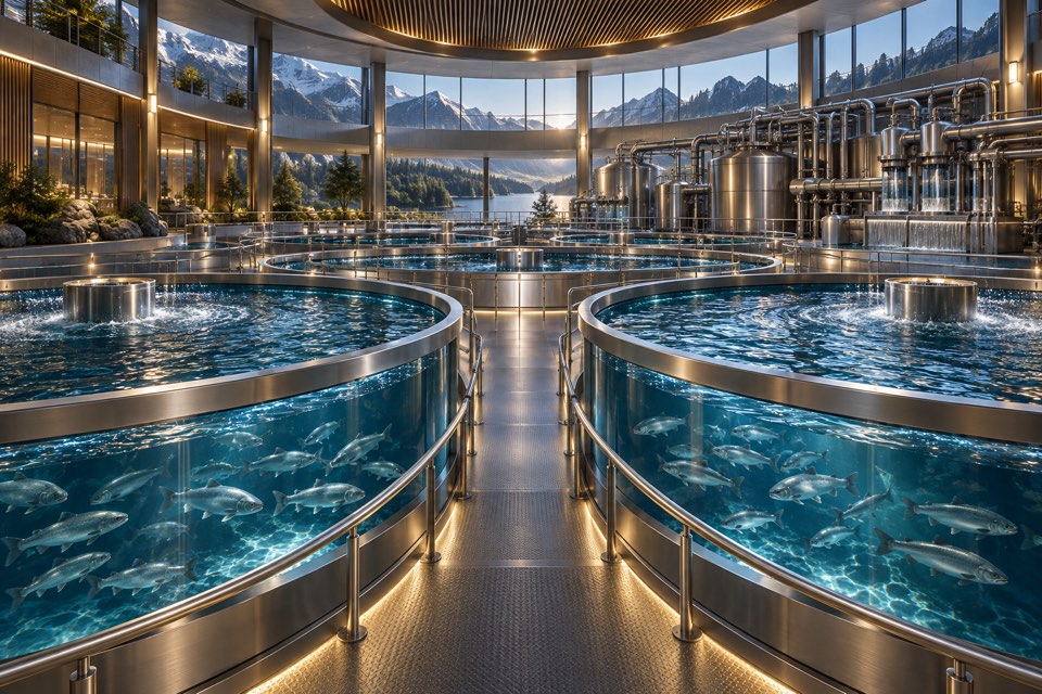 Concept scene of circular recirculating culture units and water-treatment facilities