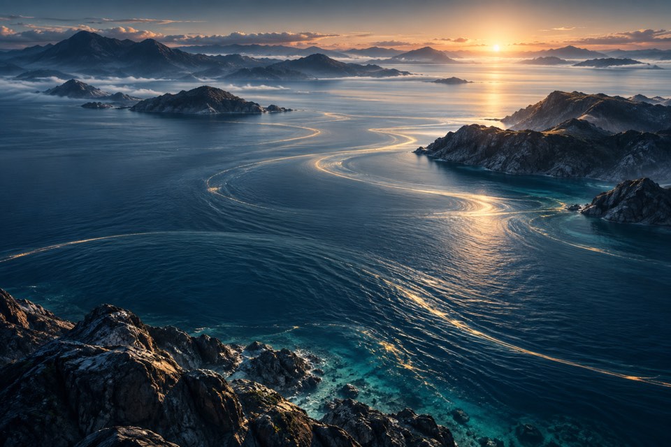 An artistic waterscape in deep blue and morning light