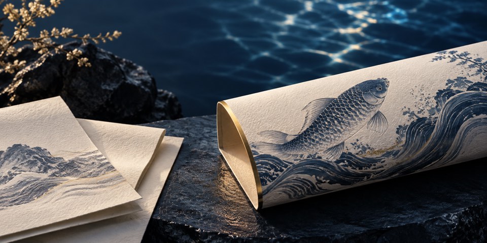 Brand design concept with ivory paper textures and indigo fish-and-wave artwork