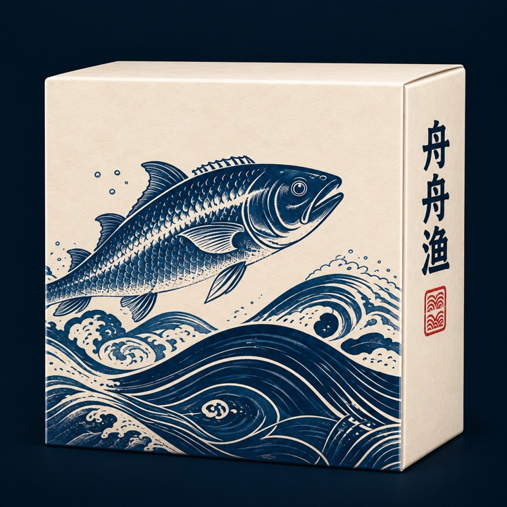 舟舟渔米白礼盒，深蓝鱼纹与海浪，侧面为舟舟渔字样